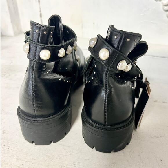 NWT Zara Leather Studded Pearl Cutout Ankle Biker Bootie Black Women's Size 7.5 - Picture 8 of 10